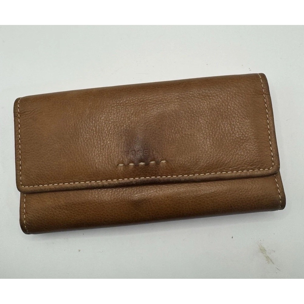 Fossil‎ Brown Leather Checkbook Wallet Bifold Organizer Womens